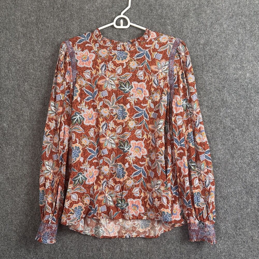 Savanna Jane Top Blouse Womens L Orange Floral Peasant Cottagecore
